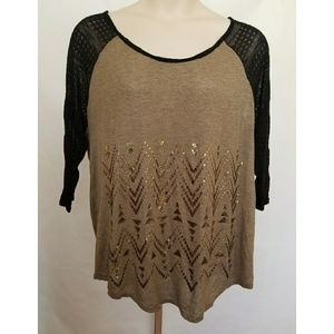 Lane Bryant Brown Black Lace Embellished TShirt